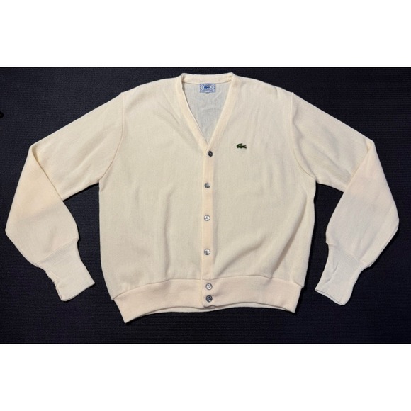 Vintage‎ 1970'S Lacoste IZOD Acrylic Knit Button Cardigan Ivory Men's Size Large